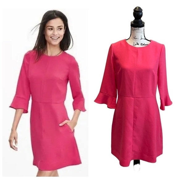 Banana Republic Flutter 3/4 Sleeve Dress Pink Size 8 Barbiecore Workwear pockets - Picture 1 of 10